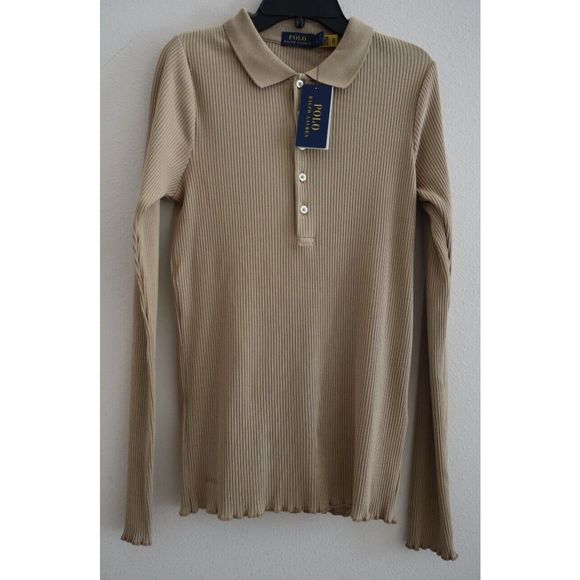 Polo Ralph Lauren Women's Sz Large Khaki Rib-Knit L/S Collared Polo Shirt $168 - Picture 1 of 8